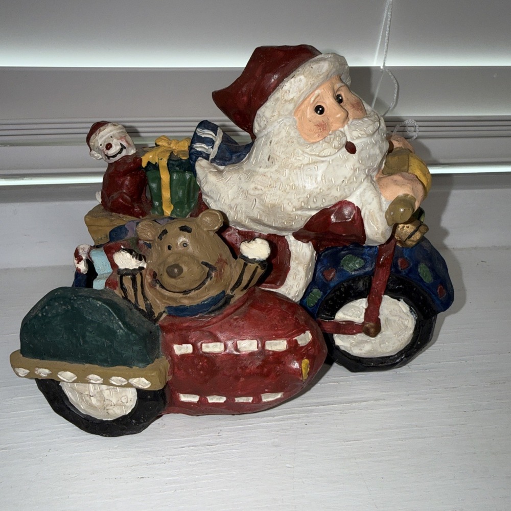 Santa On A Motorcycle With Side Car‎ Bear & Pug Delivering Presents Decoration